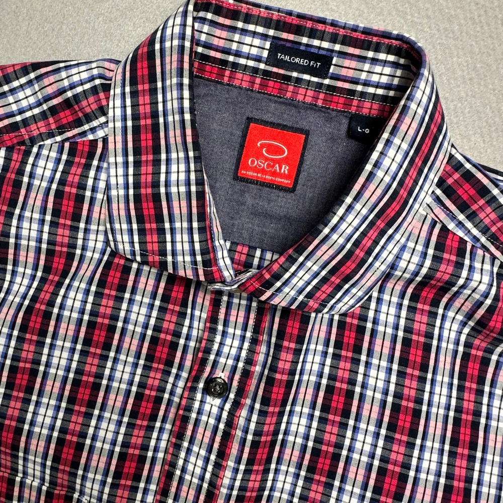 Oscar Button Down Shirt Mens Large Red White Blue Plaid Tailored Fit S/S